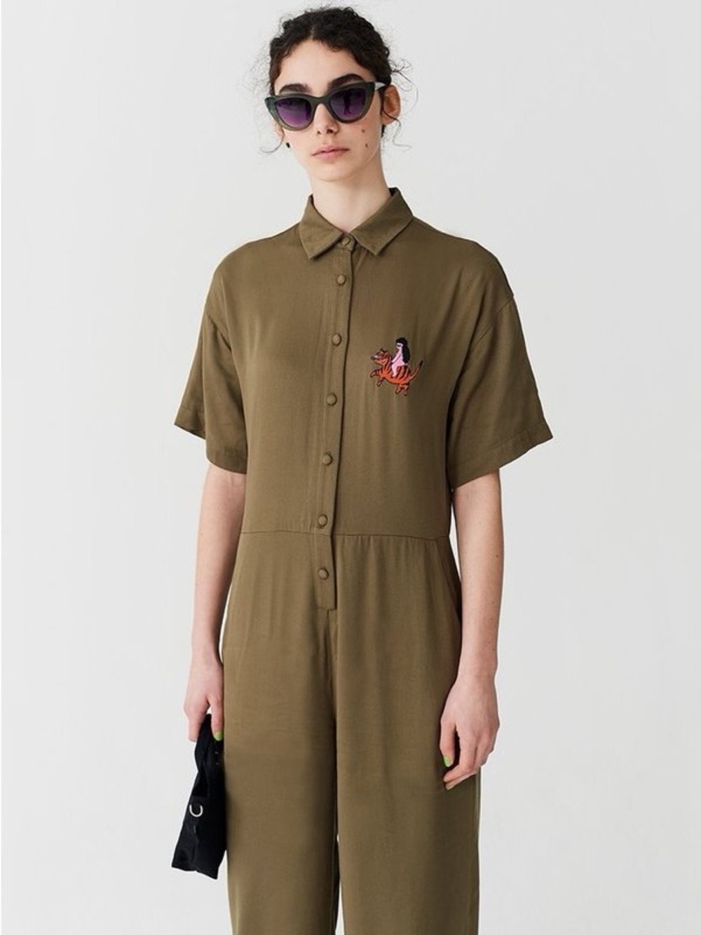 Lazy Oaf Olive Short-Sleeve Utility Jumpsuit with Embroidered Accent